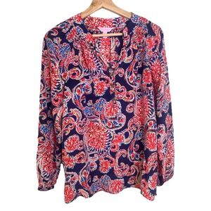 Lilly Pulitzer Elsa 100% Silk Blouse Women's Sz S Paisley Red Navy Long Sleeve